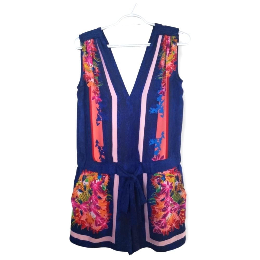 BCBGMAXAZRIA Vance V-Neck Blue Floral Romper - Picture 3 of 8